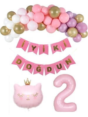 Kedi Folyo Balon Pastel Rakam Folyo Balon Balon Zinciri Seti 40 Balon 2 Yaş