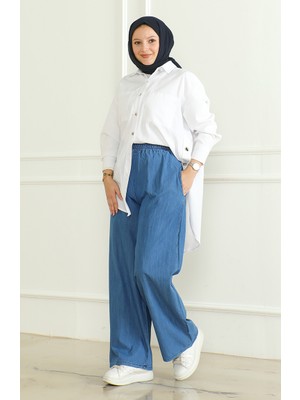 Sefa Merve Tensel Beli Lastikli Kot Pantolon 7568-01 Açık Mavi