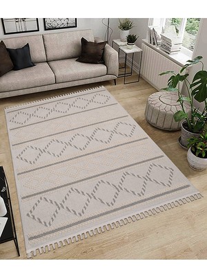 My Evilla Dekoratif Modern Naturel Kayma Yapmayan Yıkanabilir Pamuk Dokuma Kilim Saçaklı 7014B