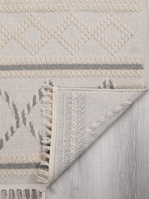 My Evilla Dekoratif Modern Naturel Kayma Yapmayan Yıkanabilir Pamuk Dokuma Kilim Saçaklı 7014B