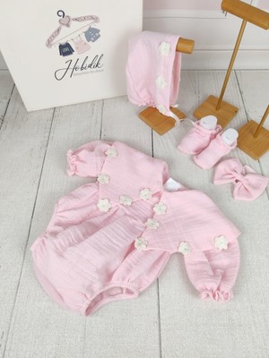 Hobidik Baby Çiçek Detaylı Yakalı Çift Kat Müslin Açık Pembe Romper Tulum Set