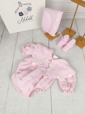 Hobidik Baby Çiçek Detaylı Yakalı Çift Kat Müslin Açık Pembe Romper Tulum Set