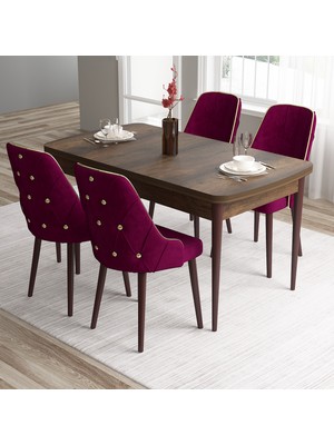 Canisa Tia Serisi,  Barok Ahşap Desen 80X132 Açılabilir Mdf Mutfak Masası Takımı 4 Sandalye Gold Detay