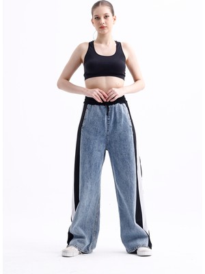 Polopass 025 Kadın Bol Paça Yan Şerit Penye Kot Denim Pantolon
