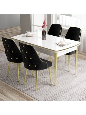 Canisa Tia Serisi Beyaz 80X132 Açılabilir Mdf Mutfak Masa Takımı 4 Sandalye Gold Detay