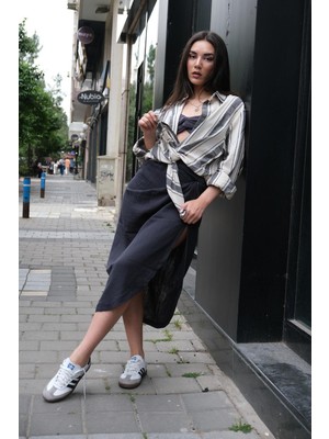 Keten Çizgili Kadın Gömlek Krem Gri