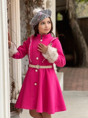 Uğurböceğiçocuk Kolu Kürklü Inci Detaylı Kaban Kazayağı Elbise 4'lü Kız Çocuk Takım