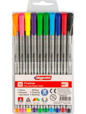 Bigpoint | Renkli Fineliner Seti, 0.4 mm Fiber Uçlu - Kokusuz Su Bazlı Çizim Kalemi, 10'lu Renkli Set