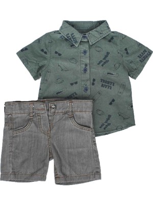 Erkek Çocuk Haki Gri Gözlük Kaykay Baskılı Gömlekli Şortlu 2'li Takım - 1014316