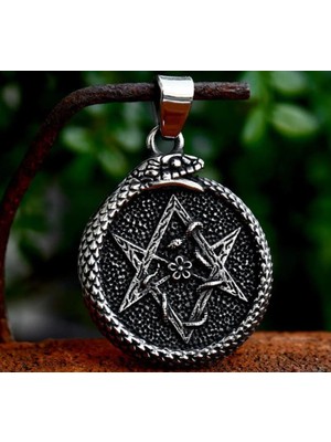 Vikings Çift Taraflı Kullanım Yılan Detaylı Hexagram Kolye - Pentagram Kolye