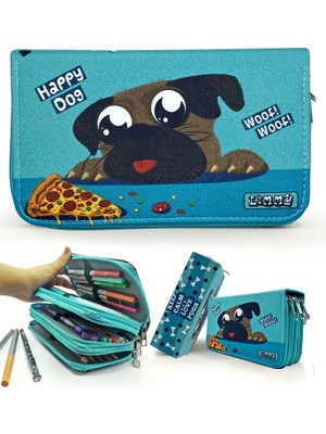 Limmy Kalem Kutusu Sevimli Köpek Kawai Organizer Kalemkutu Vegan Deri Üç Bölmeli Kalemlik -Yeşil