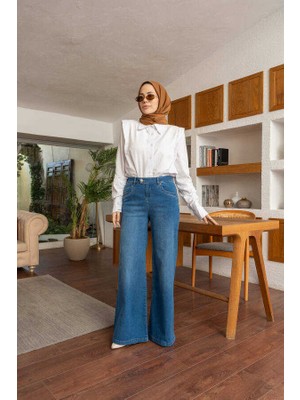 Neways 1067-DENIM Mavi Bol Paça Pantolon %78 Coton Kadınlar İçin Rahat ve Şık Tasarım