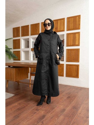 6329-ASTARLI  Kapşonlu  Kap Siyah