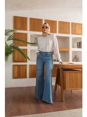 1152- Denim Bol Paça Pantolon Mavi