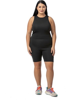 Disentis Modest Siyah Kısa Taytlı Tulum Kadın Kullanıma Uygun Arkadan Fermuarlı Polyester