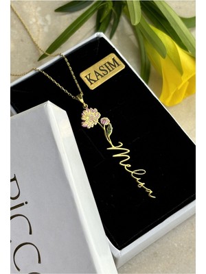 Ricco Jewellery 14 K Gold Kaplama 925 Ayar Gümüş Doğduğun Ay Yeşeren Çiçekli Isim Kolye