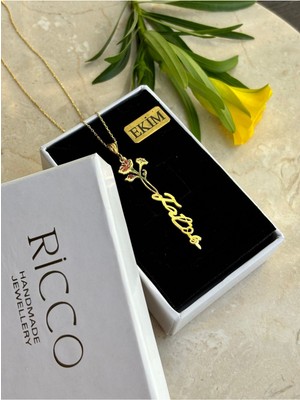 Ricco Jewellery 14 K Gold Kaplama 925 Ayar Gümüş Doğduğun Ay Yeşeren Çiçekli Isim Kolye