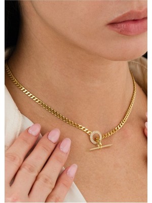 Ricco Jewellery 14 K Gold Kaplama 925 Ayar Gümüş Choker Gurmet T Kilit Zincir