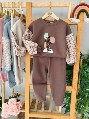Miniğimin Cicileri Kol Peluş Leopar Detaylı Kız Çocuk Kışlık 2 li takım - Kahverengi