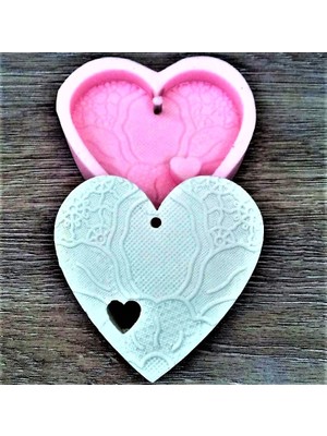 Morlalem Dantel Kabartma 8cm Kalp Askı Silikon Kalıp K-220, Taş Tozu Sabun Alçı Mum Kalıbı