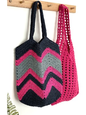 Çizgili Çanta, Pembe Çanta, Örgü Hasır Çanta, Büyük Omuz Çantası, Plaj Çantası, Makrome Çanta Pembe