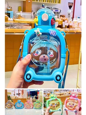 Berdina Home Sevimli Ayıcık Su Matarası Suluk Bpa Içermez Mavi Okul Kapaklı Su Şişesi Sticker Figürlü 1000 ml