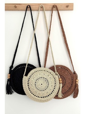 Yuvarlak Çanta, Makrome Çanta, Bohem Çanta, Püsküllü Hasır Çanta, Örgü Çapraz Çanta Krem Rengi Çanta