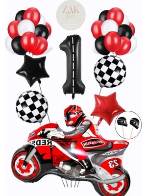 Yarış Temalı Motorsiklet Folyo Balon Doğum Günü Balon Seti Rakam Folyo Balon 1 Yaş