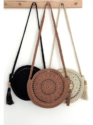Yuvarlak Çanta, Makrome Çanta, Bohem Çanta, Püsküllü Hasır Çanta, Örgü Çapraz Çanta Tarçın Rengi