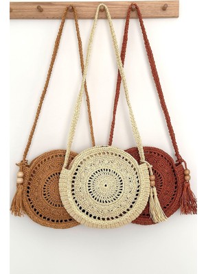 Yuvarlak Çanta, Makrome Çanta, Bohem Çanta, Püsküllü Hasır Çanta, Örgü Çapraz Çanta Sarı Tonlu Bej