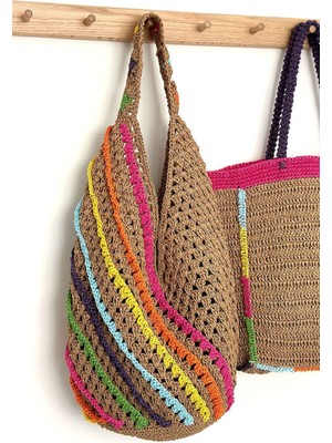 Renkli Plaj Çantası, Örgü Plaj Çantası, Özel Tasarım Çanta, Büyük Omuz Çantası, Hasır Örgü Çanta