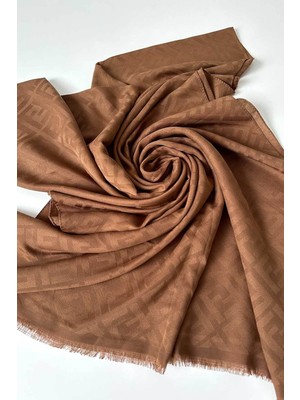 Pamuk Jakar F Desen Şal, Cotton Şal, Ipeksi Pamuklu Şal, Kaymaz Monogram Şal, Taba Rengi Şal