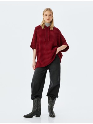 Koton Oversize Triko Panço Kapüşonlu Örgü Dokulu Kısa Kollu