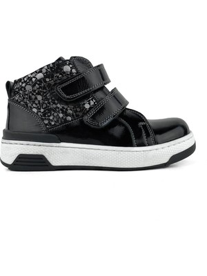 Hakiki Deri Siyah Gümüş Detaylı  Kız Çocuk Bot