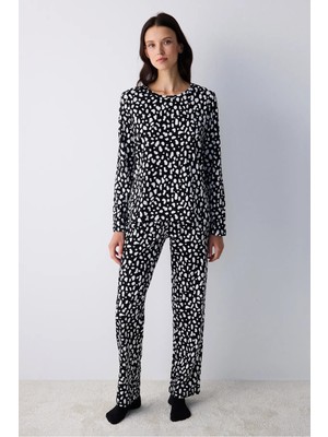 Pamuklu Dark Leopard Siyah Pantolon Pijama Takımı