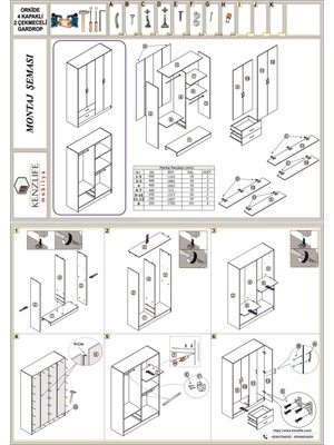 Kenzlife gardırop 4 kapaklı kapılı 2 çekmeceli orkide gri 180*120*42 gardolap dolap