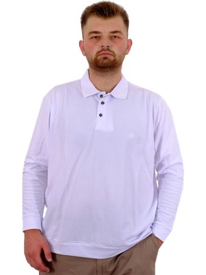 Mode Xl Büyük Beden Erkek Polo Yaka Sweatshirt Nakışlı U24340 Beyaz
