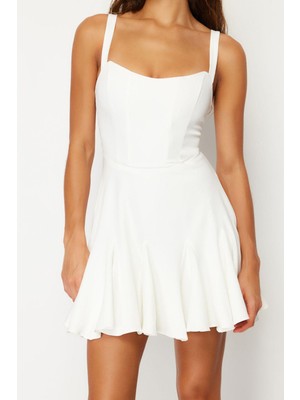 FRM Kadın Mini Boy Fitted Bridal A-Kesim Astarlı Korse Detaylı Biyeli Dokuma Kısa Abiye Gece Elbise