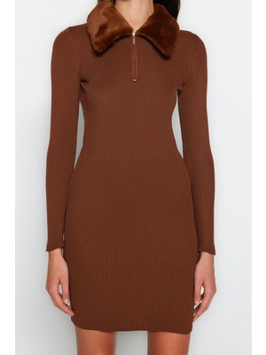 FRM Kadın Moda Şık Mini Boy Polo Yaka Slim Triko Suni Kürk Detaylı Elbise