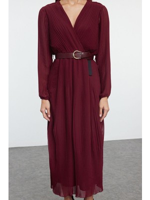 FRM Kadın Moda Şık Midi Boy Kruvaze Regular Kemerli A Kesim Piliseli Astarlı Şifon Dokuma Elbise