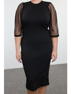 FRM Kadın Moda Şık Büyük Beden Midi Boy Bisiklet Yaka Fitted Kolları Tül Triko Elbise