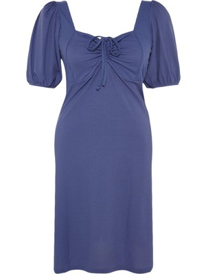 Kadın Moda Şık Büyük Beden Midi Boy Kalp Yaka Relaxed Örme Elbise