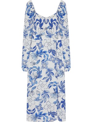 FRM Kadın Moda Şık Midi Boy Kalp Yaka Regular Soyut Çiçek Desenli Dokuma Elbise