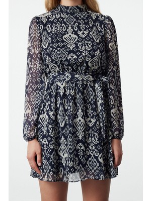 FRM Kadın Moda Şık Mini Boy Dik Yaka Regular Etnik Dokuma Kışlık Elbise