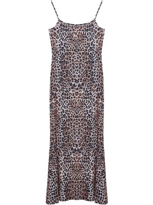 Kadın Maxi Boy Kare Yaka Slim Kahverengi Leopar Desenli Bodycone Vücuda Oturan Askılı Örme Elbise