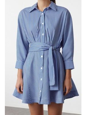 FRM Kadın Moda Şık Mini Boy Gömlek Yaka Regular Kuşaklı Çizgili Dokuma Gömlek Elbise