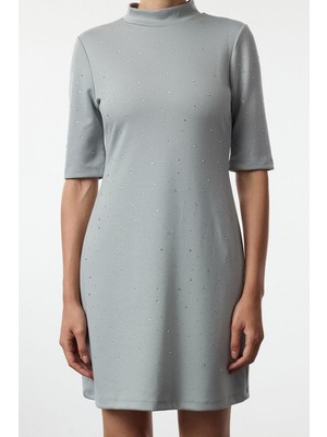 FRM Kadın Moda Mini Boy Bisiklet Yaka Slim Taş Detaylı Skater Belden Açılan Kısa Kollu Örme Kalem Elbise
