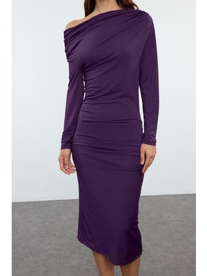 FRM Kadın Moda Şık Midi Boy Asimetrik Yaka Slim Fitted Vücuda Oturan Örme Elbise