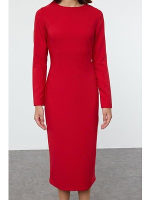 FRM Kadın Moda Şık Midi Boy Bisiklet Yaka Regular Vücudu Saran Dokuma Elbise