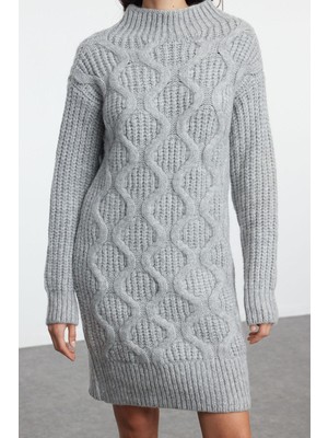 FRM Kadın Moda Şık Mini Boy Dik Yaka Regular Triko Yumuşak Dokulu Saç Örgü Elbise